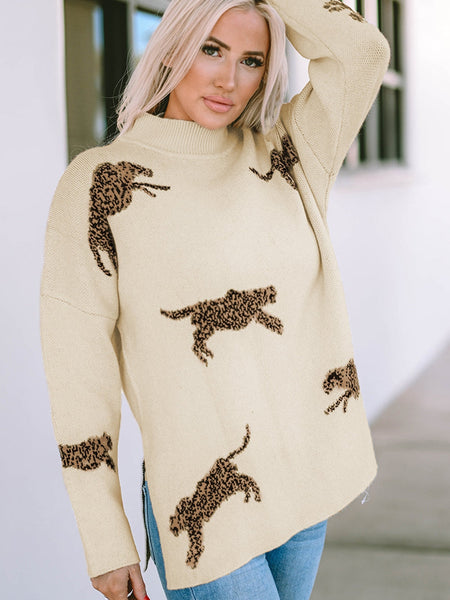 Vibrant Cheetah Print High Neck Split Hem Sweater