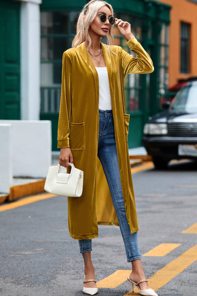 Stylish Women's Yellow Velvet Duster Coat with Pockets - Comfortable Open Front Design for Effortless Chic Looks