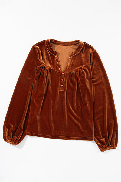 Elegant Women's Gold Velvet Top with Beaded Details, Lantern Sleeves, and Split V-Neck for Evening Events