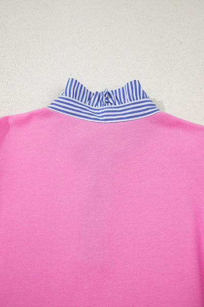 Trendy Women's Pink Striped Mini Dress with Puff Sleeves, Ruffle Hem & Contrast Collar Perfect for Summer Events