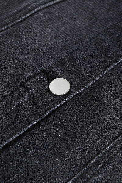 Women's Black Distressed Denim Jacket with Raw Hem and Lapel