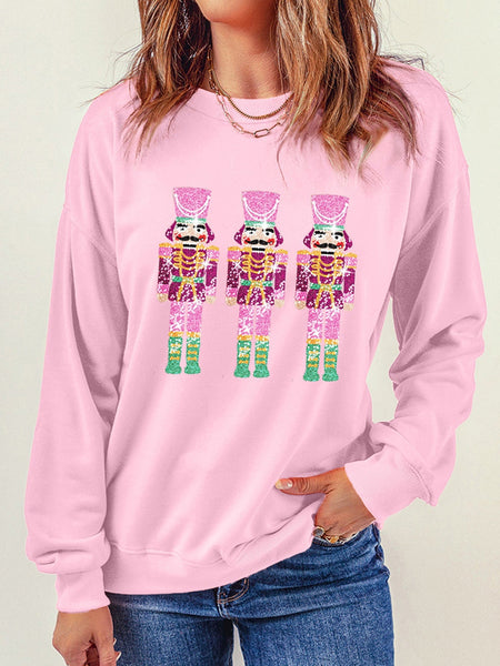 Neon Nutcracker Print Pink Sequin Christmas Crewneck Sweatshirt