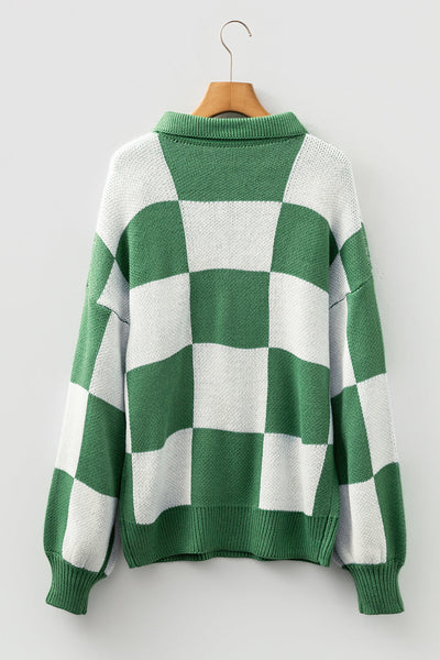 Women's Relaxed Fit Mist Green Checkered Polo Sweater with Classic Collar for Effortless Style and Comfort