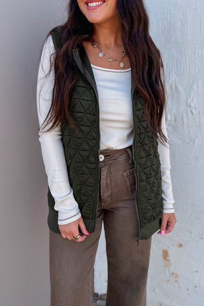 Stylish Women's Blackish Green Quilted Hooded Vest - Perfect Layering Piece for Cozy Fall and Winter Outfits