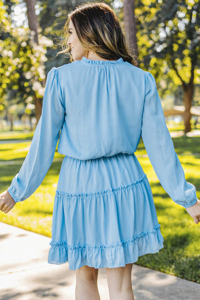 Chic Light Blue V-Neck Long Sleeve Ruffle Mini Dress for Women Ideal for Spring & Summer Events, Effortlessly Stylish