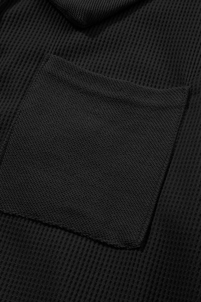 Casual Chic Women's Black Waffle Knit Long Sleeve Button-Up Top for Cozy Everyday Comfort and Effortless Style
