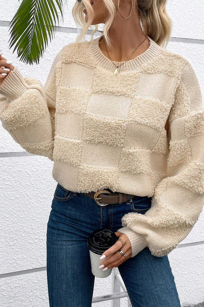 Cozy Women's Parchment Checkered Sherpa Sweater - Loose Fit Crew Neck for Stylish Fall and Winter Layering