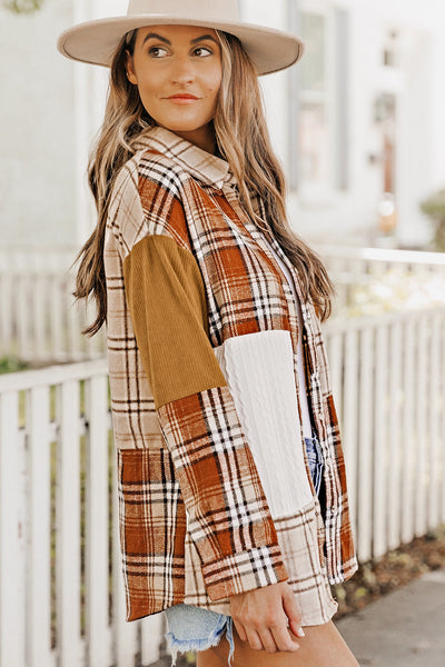 Women's Casual Orange Plaid Color Block Shirt Jacket with Pocket - Versatile Layering Piece for All Seasons