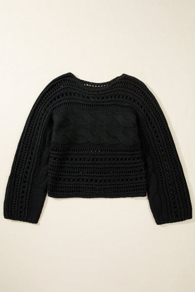 Chic Women's Black Cropped Hollow-Out Cable Knit Sweater - Lightweight Fall & Winter Fashion Essential