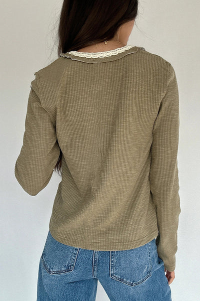 Sage Green Ribbed Knit Long Sleeve Pullover Top with Lace Trim and V-Neck for Women Stylish and Comfortable Fit