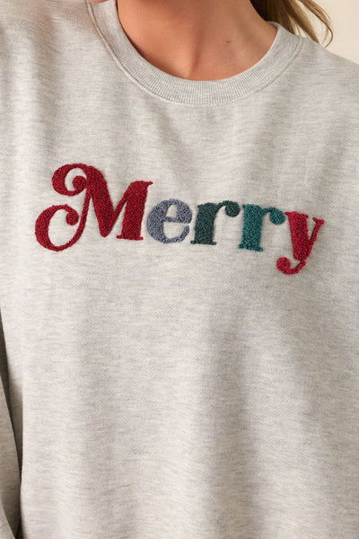 Cozy Women's Light Grey Chenille Sweatshirt with Merry Letter Patch and Drop Shoulder Design for Casual Style