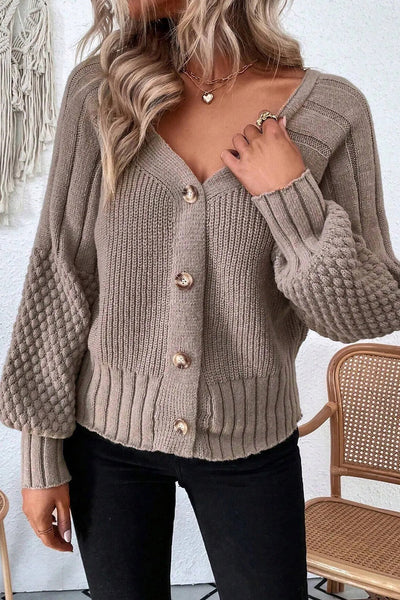 Cozy Women's V-Neck Cardigan Sweater with Mixed Textures - Stylish Fall Layering Essential in Warm Tones