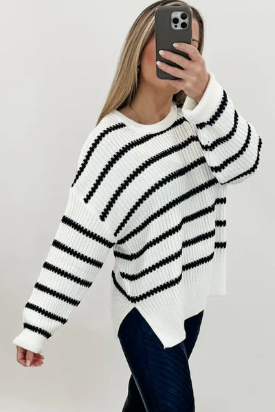 Cozy Women's Black Striped Ribbed Knit Sweater with Drop Shoulders - Relaxed Fit for Effortless Casual Style