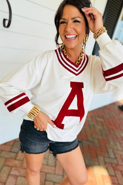 Trendy Women's Red Dahlia Chenille Varsity Sweatshirt with Puff Sleeves & Letter A Graphic Stylish V-Neck Fit