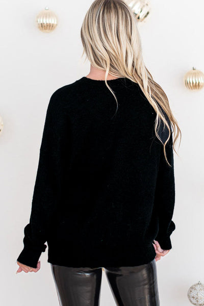 Women's Cozy Black Tinsel Christmas Graphic Sweater - Merry & Bright Holiday Style, Perfect Gift for Festive Occasions