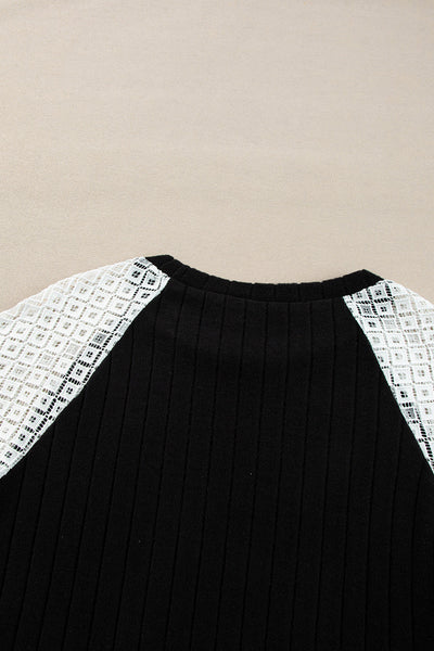 Elegant Women's Black Floral Patchwork Long Sleeve Blouse - Stylish Ribbed Top for Comfortable Everyday Wear