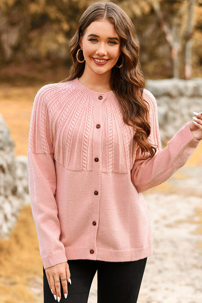 Women's Light Pink Cable-Yoke Cardigan with Wooden Buttons