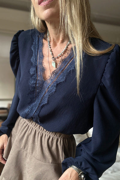 Trendy Navy Blue Puff Sleeve Blouse for Women with V-Neck and Eyelash Patch Details - Stylish Casual Top