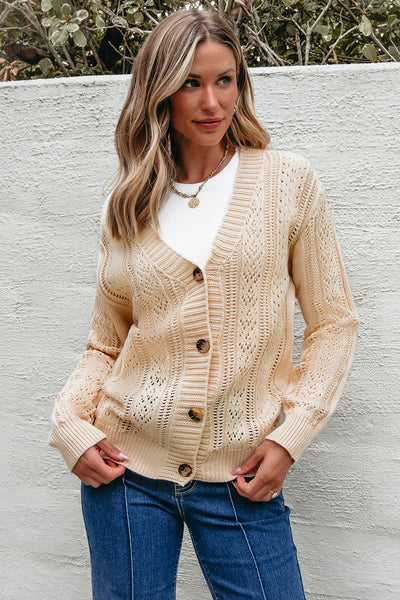 Cozy Beige Open Knit Cardigan for Women - Effortless Drop Shoulder Lightweight Sweater for Stylish Layering