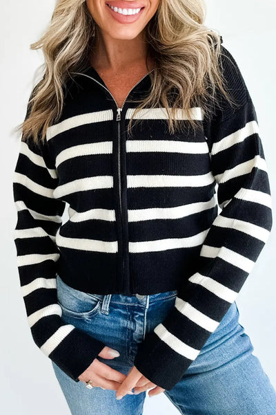 Cozy Women's Black Stripe Ribbed Knit Zip-Up Cardigan with Drop Shoulders for Effortless Layering and Stylish Comfort
