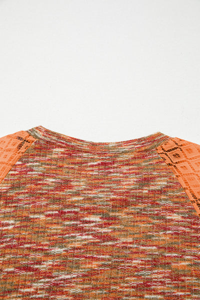 Stylish Women's Orange Heathered Knit Long Sleeve Blouse with Floral Lace Patchwork - Comfortable Everyday Top