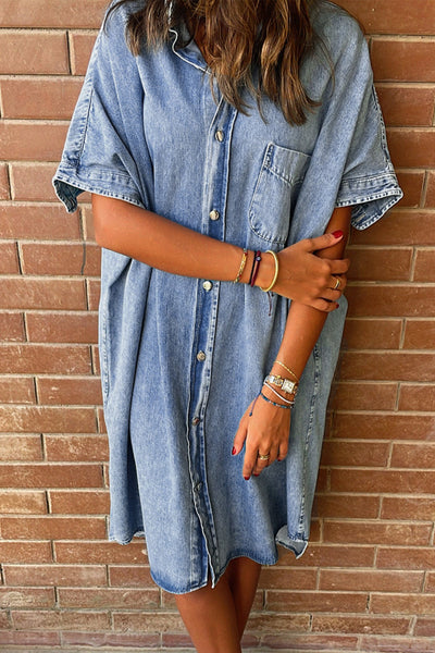 Women's Retro Short Sleeve Denim Midi Shirt Dress