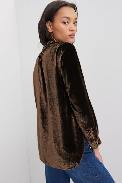 Women's Frilled Neck Velvet Top in Desert Palm Chic, Comfortable Blouse for Everyday Elegance and Versatile Style