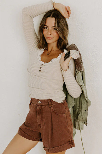 Beige Long Sleeve Ribbed Top for Women with Lace Neckline, Button Detail, and Lettuce Edge Chic and Stylish Fit
