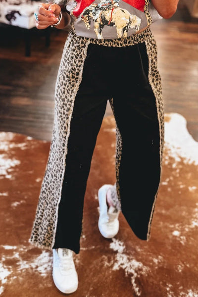 Trendy Women's Black Leopard Patchwork Wide Leg Jeans with Frayed Hem - Effortlessly Chic Casual Fashion