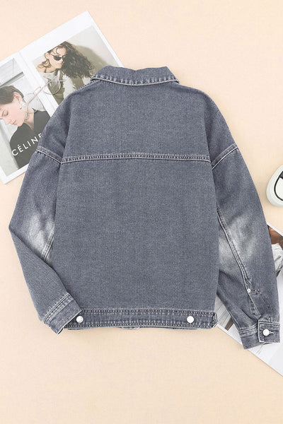 Casual Women's Gray Denim Jacket with Chest Pockets, Drop Shoulder Design, Relaxed Fit for Effortless Everyday Style