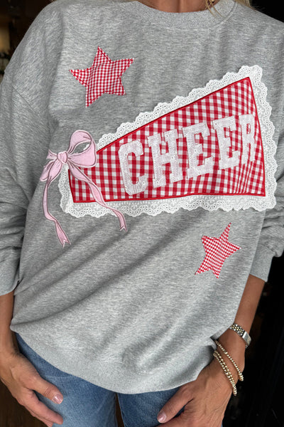 Light Grey Lace Plaid CHEER Graphic Sweatshirt for Women - Cozy and Trendy Casual Wear, Perfect for Everyday Style