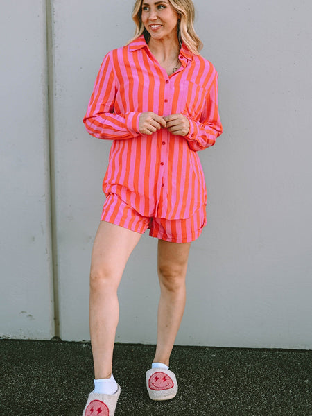 Orange Stripe Print Shirt and Shorts Lounge Set