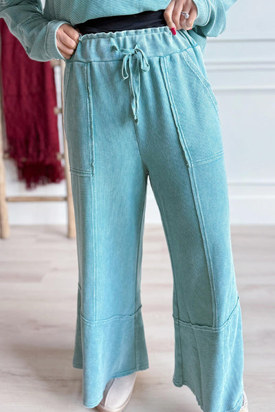 Women's Soft Blue Lapis Mineral Wash V-Neck Pullover & Drawstring Pants Set - Casual Ribbed Patchwork Outfit