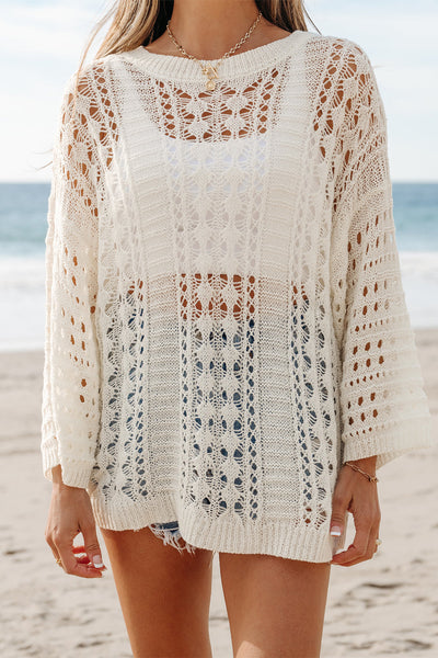 Women's Ivory Pointelle Knit Sweater with Bracelet Sleeves