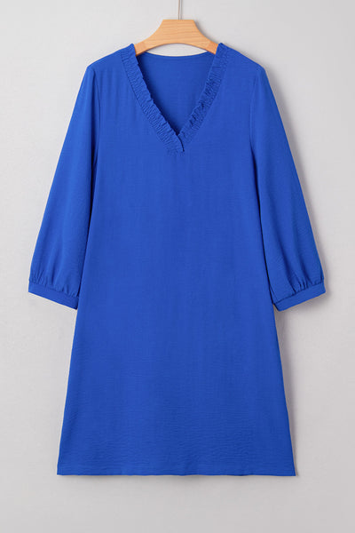 Women's Cerulean Blue V-Neck Shift Dress with Ruffle Trim