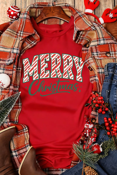 Women's Merry Christmas Graphic Tee in Red Cotton Blend