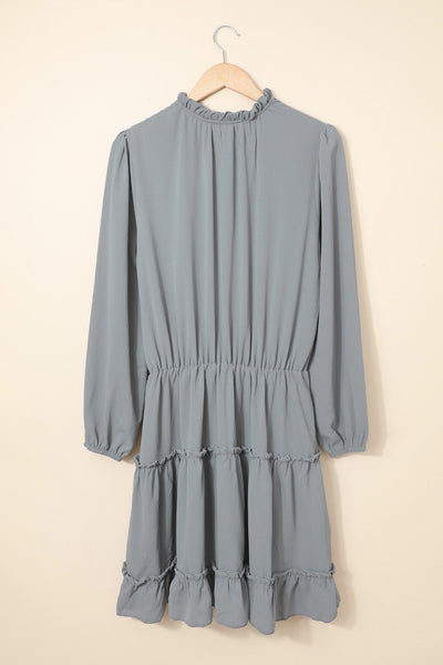 Stylish Women's Gray Long Sleeve Ruffle Tiered Mini Dress with V-Neck Perfect for Casual Outings or Party Events