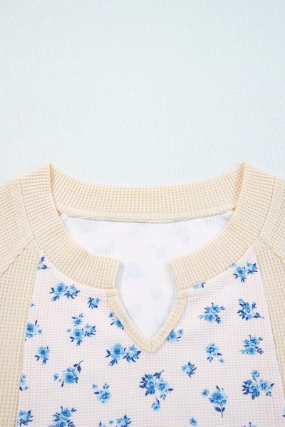 Women's Floral Color Block Waffle Knit Balloon Sleeve Top