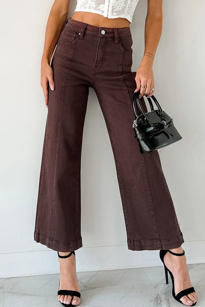 Women's Red Sandalwood High-Waist Seamed Wide Leg Cropped Jeans