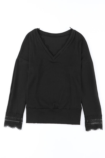 Women's Black Ribbed V-Neck Long Sleeve Top with Lace Trim Chic & Comfortable Everyday Essential for Stylish Looks