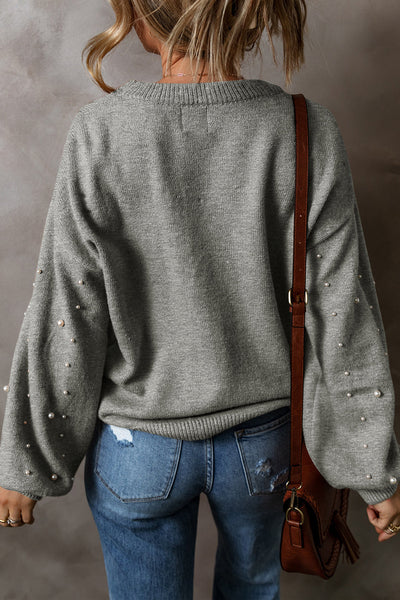 Light Grey Pearled Drop Shoulder Sweater for Women - Cozy Round Neck Knit Top for Chic Casual Style and Comfort
