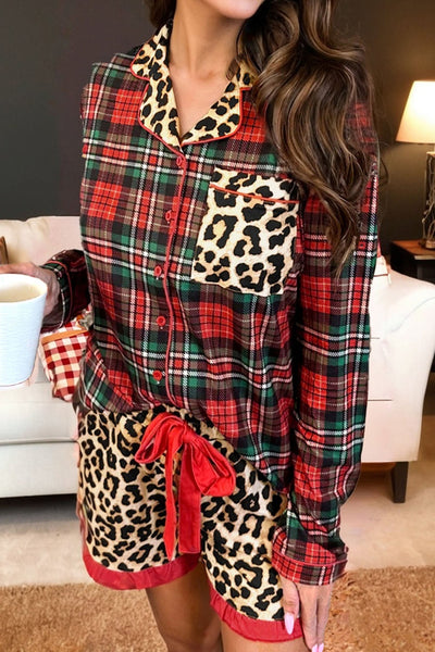 Women's Plaid and Leopard Print Cotton-Blend Pajama Set