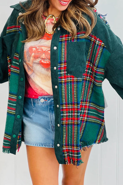 Women's Green Plaid Tweed Corduroy Shacket with Raw Hem - Trendy Overshirt for Casual Fall Looks and Layering made for easy styling and wardrobe