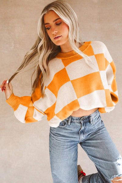 Women's Cozy Orange Checkered Bishop Sleeve Sweater - Stylish Knit Pullover for Fall Fashion and Casual Wear