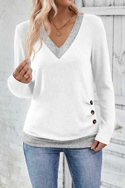 Women's White V-Neck Colorblock Top with Ruched Button Detail