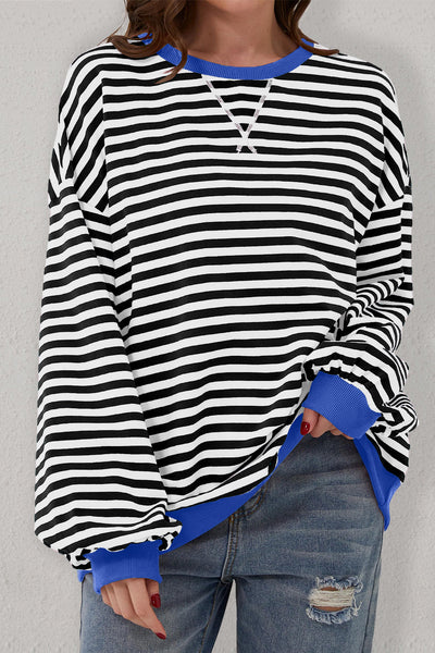Cozy Women's Black Striped Oversized Sweatshirt with Contrast Trim - Perfect for Casual Days and Effortless Style