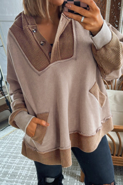 Stylish Women's Oversized Waffle Knit Patchwork Hoodie with Exposed Seams for a Trendy Casual Look