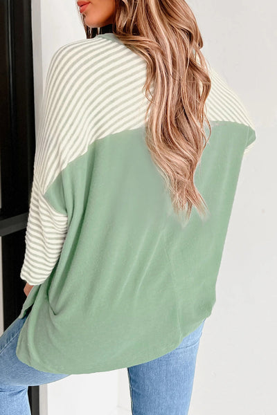 Women's Casual Aqua Striped Oversized Tee with Bracelet Sleeves & Stylish Patchwork Design for Effortless Everyday Wear