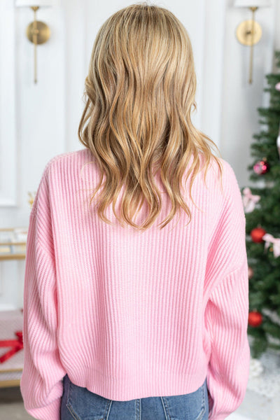 Cozy Women's Pink Waffle Knit Sweater - Merry & Bright Holiday Style for Festive Comfort and Warmth