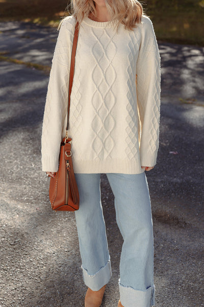 Cozy Beige Drop Shoulder Cable Knit Sweater Tunic for Women Stylish Fall & Winter Essential
